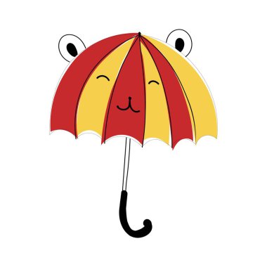 Çocukların kulaklı komik şemsiyesi, beyaz arka planda izole edilmiş sevimli sarı-kırmızı şemsiye, çocuk tasarımı için renkli şemsiye konturu.