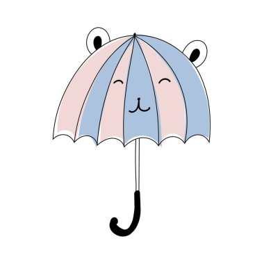Beyaz arka planda izole edilmiş modern mavi-pembe renkli şirin şemsiye, kulaklı komik çocuk şemsiyesi, çocuk tasarımı için renkli şemsiye.