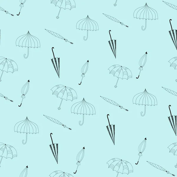 Şemsiye hatları karalama. Mavi arka planda şemsiyeleri olan kusursuz bir desen. Siyah ve beyaz. Doodle tarzı katlanmış ve açık şemsiyeler. Vektör illüstrasyonu