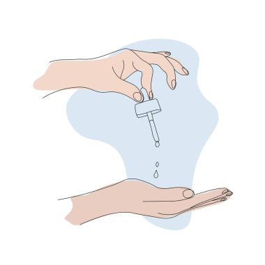 Beyaz arka planda izole edilmiş nemlendirici serum pipeti olan kadın elleri. Sağlığa ve gençliğe önem vermek. Ellerin vektör çizgisi ve mavi noktalar sanat illüstrasyonu. Cilt bakımı kavramı.