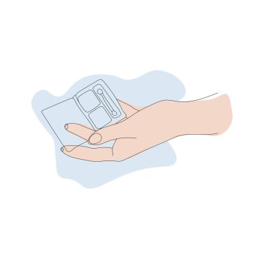 Göz gölgesi olan güzel kadın elleri ve beyaz arka planda izole edilmiş pudra pudrası. Vektör el çizgileri ve mavi hassas noktalar sanat çizimleri. Dekoratif kozmetik konsepti