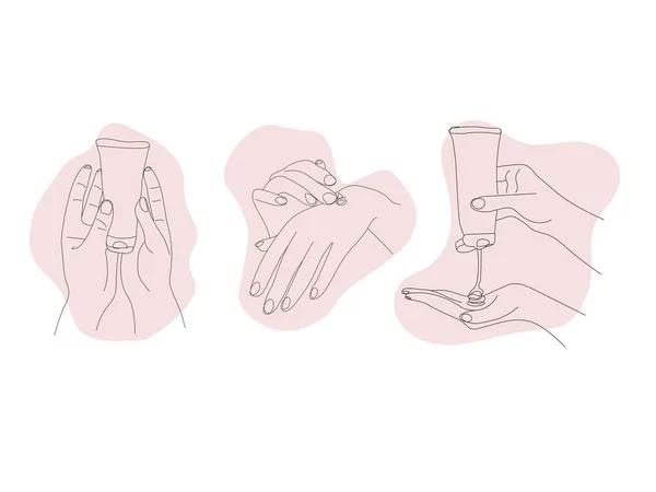 一组带保湿护手霜的雌性手 在白色背景上隔离 矢量手绘手绘线条和粉红点艺术图解 皮肤护理的概念 — 图库矢量图片