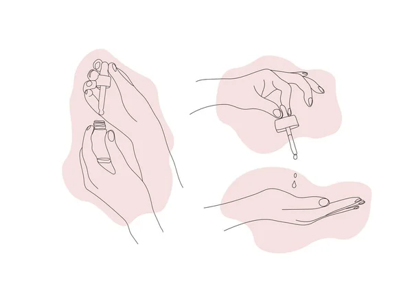 一组雌性手 用白色背景分离的保湿血清制成 关心健康和青年 矢量手绘手绘线条和粉红点艺术图解 皮肤护理概念 — 图库矢量图片