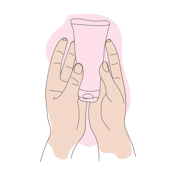 白い背景に手クリームと保湿剤のチューブを持つ女性の手 ベクトル手描き線とピンクスポットアートイラスト スキンケアの概念 バナー エンブレムには — ストックベクタ