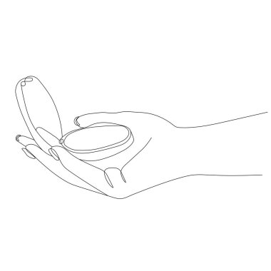 Beyaz arka planda izole edilmiş pudra pudralı güzel kadın elleri. Vektör el çizgileri ve mavi hassas noktalar sanat çizimleri. Dekoratif kozmetik konsepti.