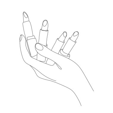 Beyaz arka planda izole edilmiş rujlu güzel kadın elleri. Ellerin vektör çizimi ve pembe noktalar sanat çizimi. Dekoratif kozmetik konsepti