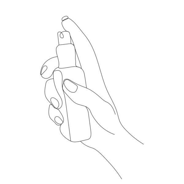 用香水喷雾或保湿发液将雌性手与白色背景分离 矢量手绘线条和精美点艺术图解 — 图库矢量图片