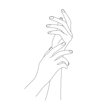 Güzel kadın ellerinin ana hatları, beyaz arka planda izole edilmiş güzel eller güzellik merkezi tasarımı için vektör, cilt bakımı reklamı, el bakımı konsepti..