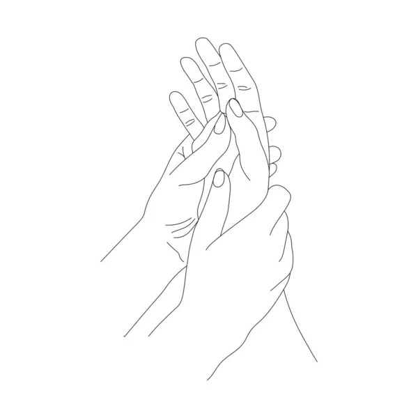 手部按摩线艺术轮廓 基本手部按摩动作图像 手部及身体健康 透过按摩照顾妇女双手的概念 — 图库矢量图片