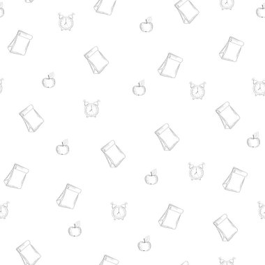 minimalist pattern with apple, lunch bag, alarm clock. Paper lunch bag, apple and desk retro alarm clock printable pattern.