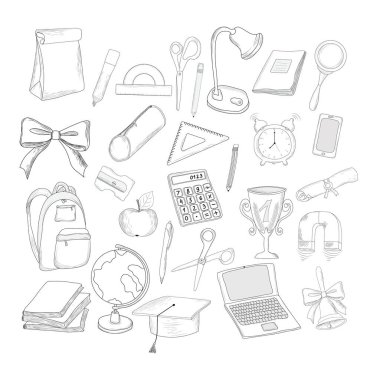 a set with student supplies for school design, school attributes - stationery, backpack, bell, globe, pencil case, books, notebook. Vector outline isolated on white background.