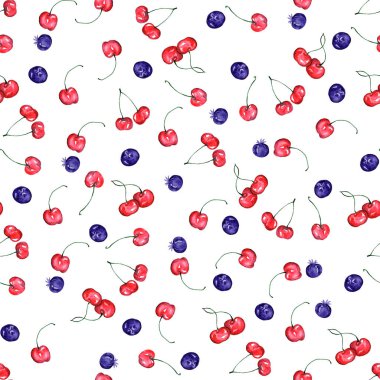 Renkli kirazlı suluboya sanat, beyaz arka planda izole edilmiş sulu kiraz ve yaban mersini deseni, sulu kiraz ve yaban mersinlerinin pürüzsüz deseni, sağlıklı beslenme konsepti