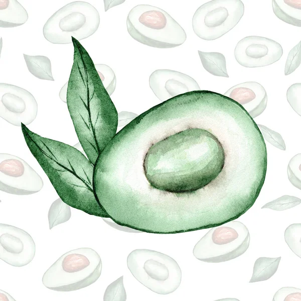 Aquarell Halbe Avocado Ohne Knochen Auf Mustergrund Gesunde Grüne Avocado — Stockfoto