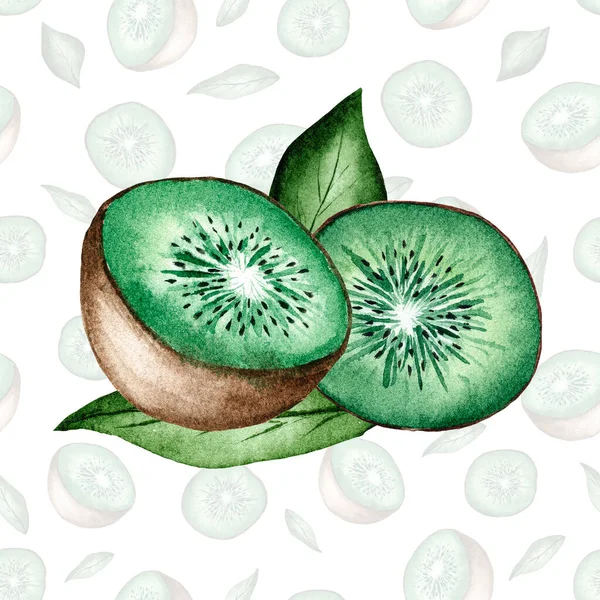 Acuarela Kiwi Cortado Fruta Jugosas Mitades Kiwi Saludables Acuarela Ilustración —  Fotos de Stock