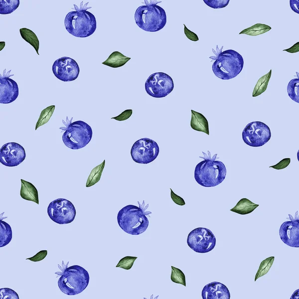 Akvarel Vzor Zralých Borůvek Borůvek Zelenými Listy Izolovanými Modrém Pozadí — Stock fotografie