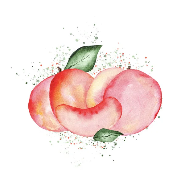 白を基調にした水彩桃に絵の具のスプラッシュ 熟したジューシーな桃 フルーツの健康的な食事のコンセプトのための水彩画イラスト — ストック写真