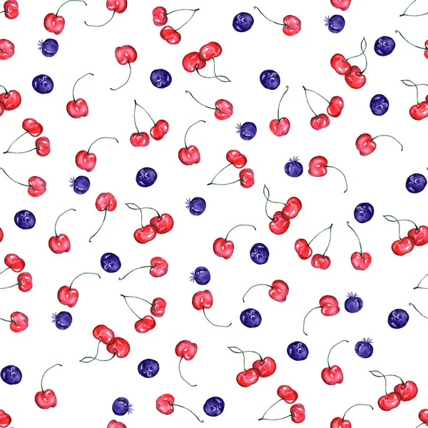 Акварельне Мистецтво Кольоровими Вишнями Акварельний Візерунок Стиглих Вишень Чорниці Ізольовані — стокове фото