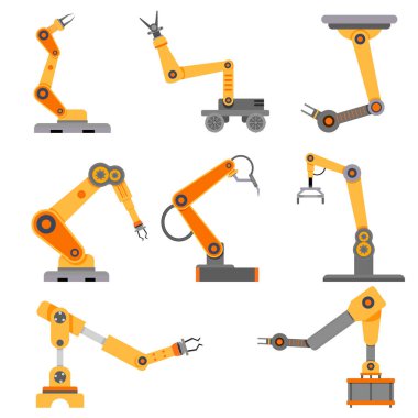 Endüstriyel taşıyıcı için silah robotları koleksiyonu. Fabrika, zeka makinesi, mühendis yeniliği, üretim hattı işlemleri için çelik inşaat eli için robot kolu.
