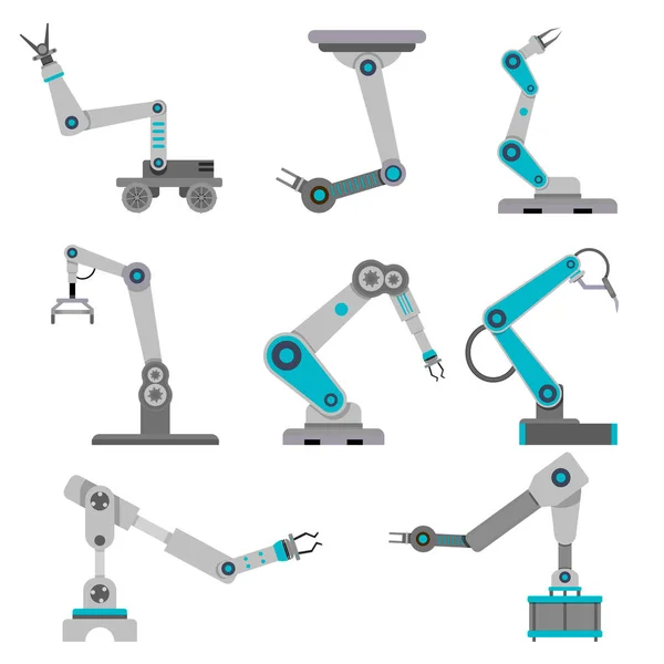 用于包装产品的工业机器人 电子臂工业自动化 机器人输送机 包装组装的机器人臂智能 夹紧机 矢量说明 — 图库矢量图片