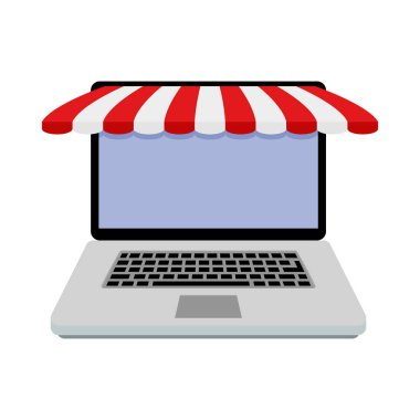 Dizüstü bilgisayar mağazası vitrininde güneşlik var. Çevrimiçi mağaza boş. Kanopi çadırı resimli vektör süpermarket ve perakende mağazası