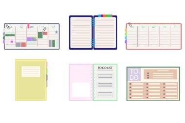 Not defterleri ve notlar için günlük koleksiyonu. okul zaman çizelgesi, beyaz arkaplan, haftalık planlama, vektör illüstrasyonu, albüm çıkarılması, minimalist not defteri, düzenli ortam