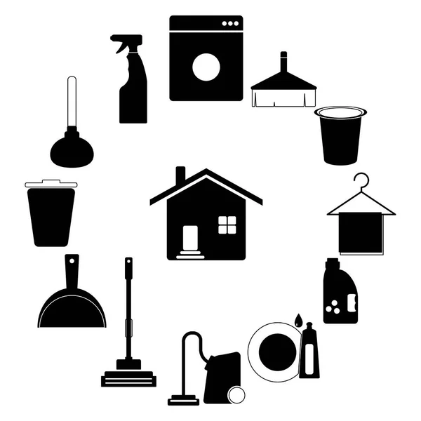 Czarno Białe Ikony Usług Sprzątania Myć Czyste Schludne Ilustracja Prac — Wektor stockowy
