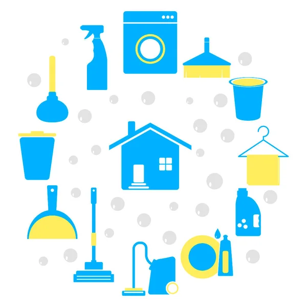 家用图标清洁和清洗房屋 擦拭灰尘和真空地板 拖把和洗碗 清洁装置 用于家庭清洁的蓝色器具 家庭清洁 说明病媒 免版税图库矢量图片