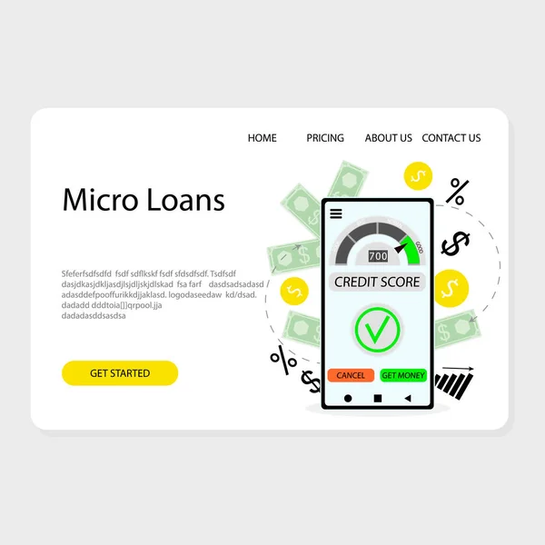 Micro Lening Financiële Bank Sevice Landing Page Vector Onmiddellijk Lening — Stockvector
