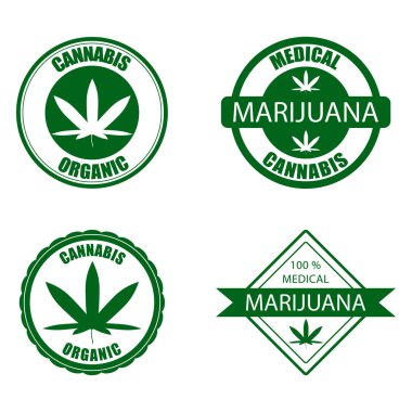 Tıbbi esrar, tedavi için organik marihuana rozet etiketi. Vektör, çizim. Tıbbi marihuananın yasallaştırılması, kenevir, tıbbi uyuşturucular, esrar yaprakları, uyuşturucu kaçakçılığı