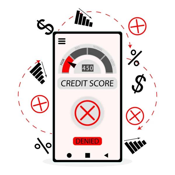 Ontkend Lening Door Lage Credit Score Internetbankieren Vector Illustratie Verlies — Stockvector