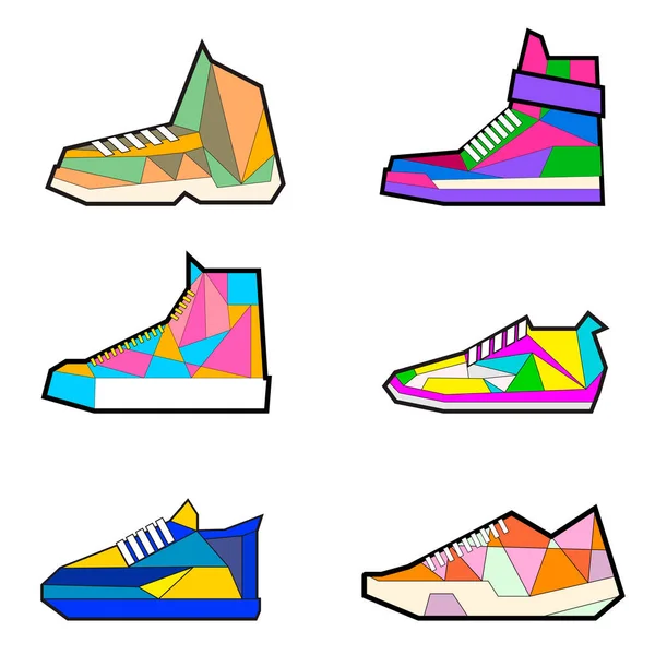 三角形のスニーカーのコレクション ジョギングを実行するための現代的なデザイン リサイクル靴 ベクトルイラスト 珍しいデザイン 明るい抽象的なデザイン 現代的な服のアート 三角形 — ストックベクタ