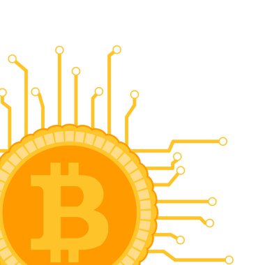 Blockchain banner poster with bitcoin connected and integrated. Vector illustration. Bitcoin symbol, e-commerce bank, cryptocurrency banking, coin concept, web cash connection, golden coin sign