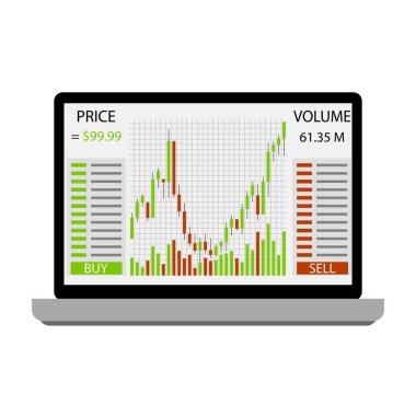 Graphic and chart to trade exchange on laptop, platform to trading. Vector illustration. Trade chart, dashboard analytics, bitcoin communication, business industrial station, smart phone app bitcoin