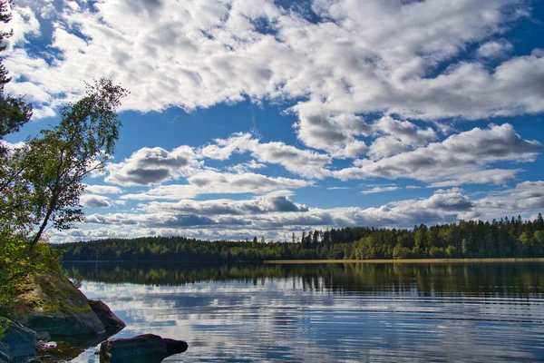 Красивое Шведское Озеро Летнее Время Облаками Голубым Небом — стоковое фото