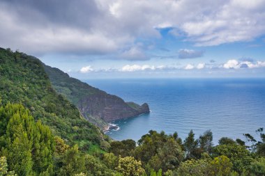 Madeira 'nın güzel manzarası ve dağları. Bulutlar, deniz, baharda çiçekler.