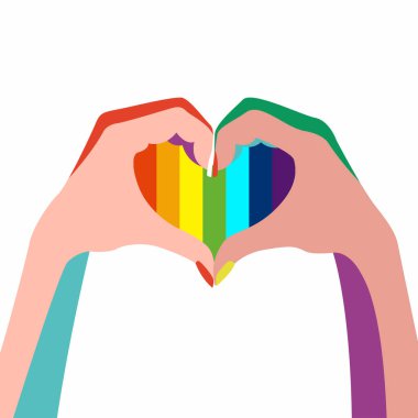 Hoşgörü teması, cinsel azınlıkların hakları, LGBT konulu vektör illüstrasyonu. Gökkuşağı renginde bir kalp şeklinde katlanmış iki el. Aşk aşktır. Posterler, baskılar, propaganda için kullanışlı.