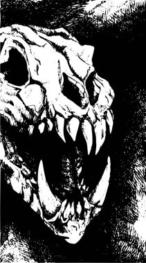 Avcı bir hayvanın kafatası, ağzı açık ve kocaman dişleri olan bir vektör çizimi. Siyah mürekkeple gölgelendirilmiş bir çizimin kopyası. Dövme, cadılar bayramı, baskı, tişört, duvar kağıdı için kullanışlı.