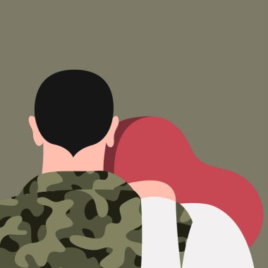 Birbirine aşık iki insanın vektör çizimi. Kız bir askeri kucaklıyor. Asker savaş bölgesinden iş gezisinden döndü. Savaş gazilerinin rehabilitasyonu ve yeniden entegrasyonu.