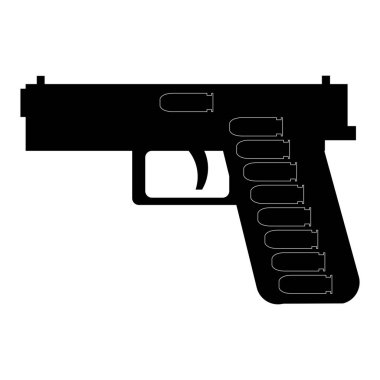 Dolu şarjörlü bir tabancanın siyah siluetinin vektör görüntüsü ve beyaz arka planda izole edilmiş bir bölümde bir şarjör haznesi. Grafik ve web tasarımı için kullanışlı, yazdırma, poster