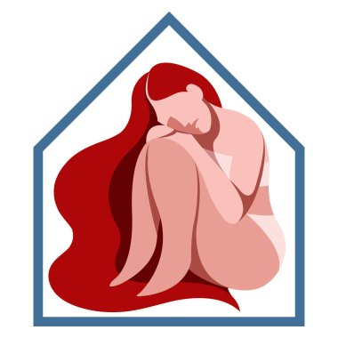Kadınlara yönelik aile içi şiddet konulu vektör düz tasarım çizimi. Çok üzgün bir kız, beyaz arka planda yalnız başına kederli bir şekilde evde oturuyor. Aile içi şiddet kurbanı.
