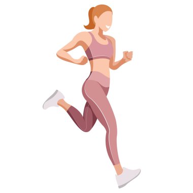 Spor üniformalı ve spor sutyenli güzel bir kızın vektör çizimi, beyaz arka planda izole edilmiş fitness, spor, trenler ile ilgilidir. Kadınlar koşar. Sabah koşusu. koşu.