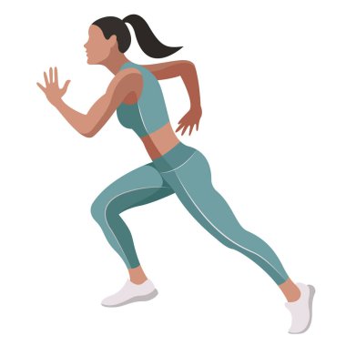 Spor üniformalı ve spor sutyenli güzel bir kızın vektör çizimi, beyaz arka planda izole edilmiş fitness, spor, trenler ile ilgilidir. Kadınlar koşar. Sabah koşusu. koşu.