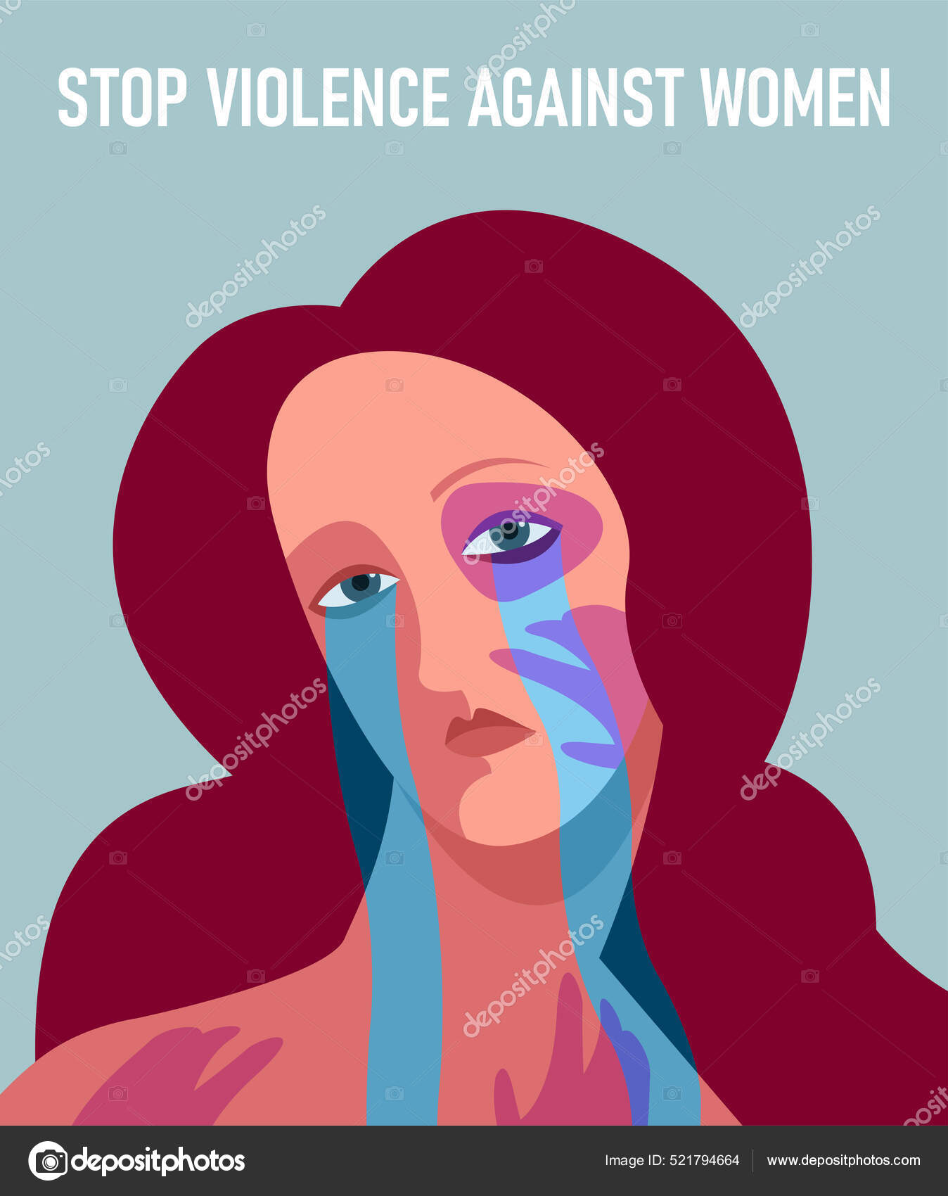 Vector Social Poster Domestic Violence Victim Crying Woman Traces