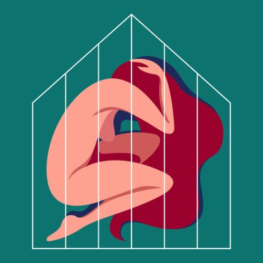 Kadınlara yönelik aile içi şiddet temasının vektör görüntüsü. Kız yerde, parmaklıkların arkasında yatıyor, evde tek başına yas tutuyor. Ev bir hapishane gibi. Aile içi şiddet kurbanı.