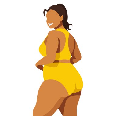 Vücut pozitifliği konulu vektör çizimi. Sulu şişman kız sırtı dönük durur ve vücudundaki yağ kıvrımlarından utanmaz. Beyaz arka planda izole edilmiş. Vücudunu sev ve kabul et. Kendini sev.