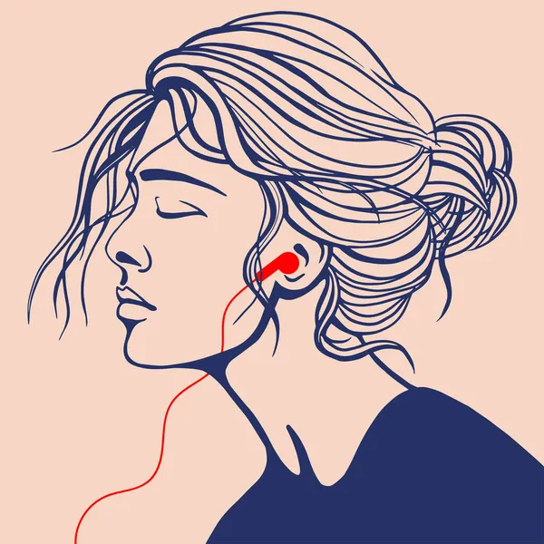 Векторний Малюнок Дівчини Короткою Пишною Зачіскою Навушниками Вухах Яка Слухає — стоковий вектор