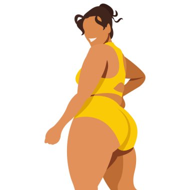 Vücut pozitifliği konulu vektör çizimi. Sulu şişman kız sırtı dönük durur ve vücudundaki yağ kıvrımlarından utanmaz. Beyaz arka planda izole edilmiş. Vücudunu sev ve kabul et. Kendini sev.