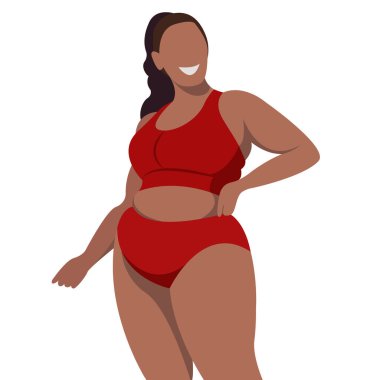 Vücut pozitifliği temasının parlak vektör çizimi. Genç, sulu, tombul bir kız karnındaki yağlardan utanmaz. Beyaz arka planda izole edilmiş. Vücudunu sev ve kabul et. Kendini sev.