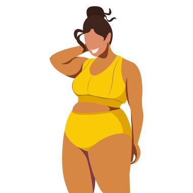 Vücut pozitifliği konulu vektör çizimi. Sulu şişman kız sırtı dönük durur ve vücudundaki yağ kıvrımlarından utanmaz. Beyaz arka planda izole edilmiş. Vücudunu sev ve kabul et. Kendini sev.