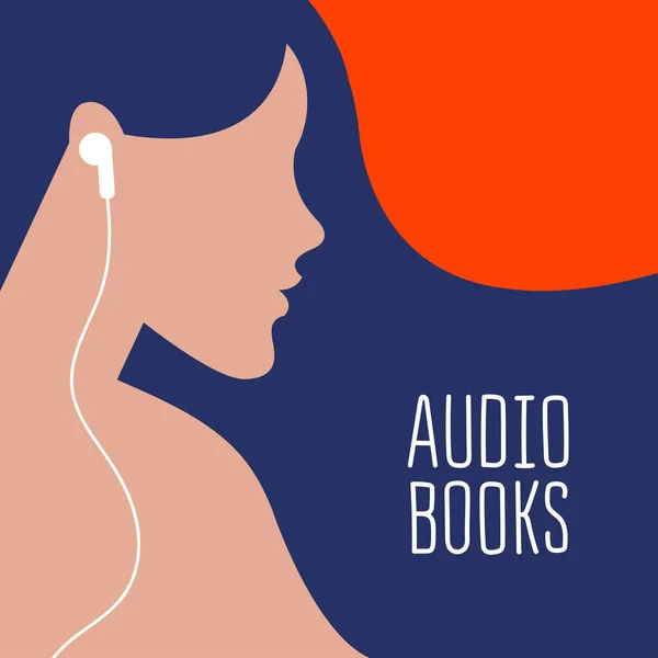 一个带耳机的女孩在耳朵里听着流行色彩的播客或有声书籍的矢量插图 用于在线有声读物服务的广告 应用程序 网页设计 — 图库矢量图片